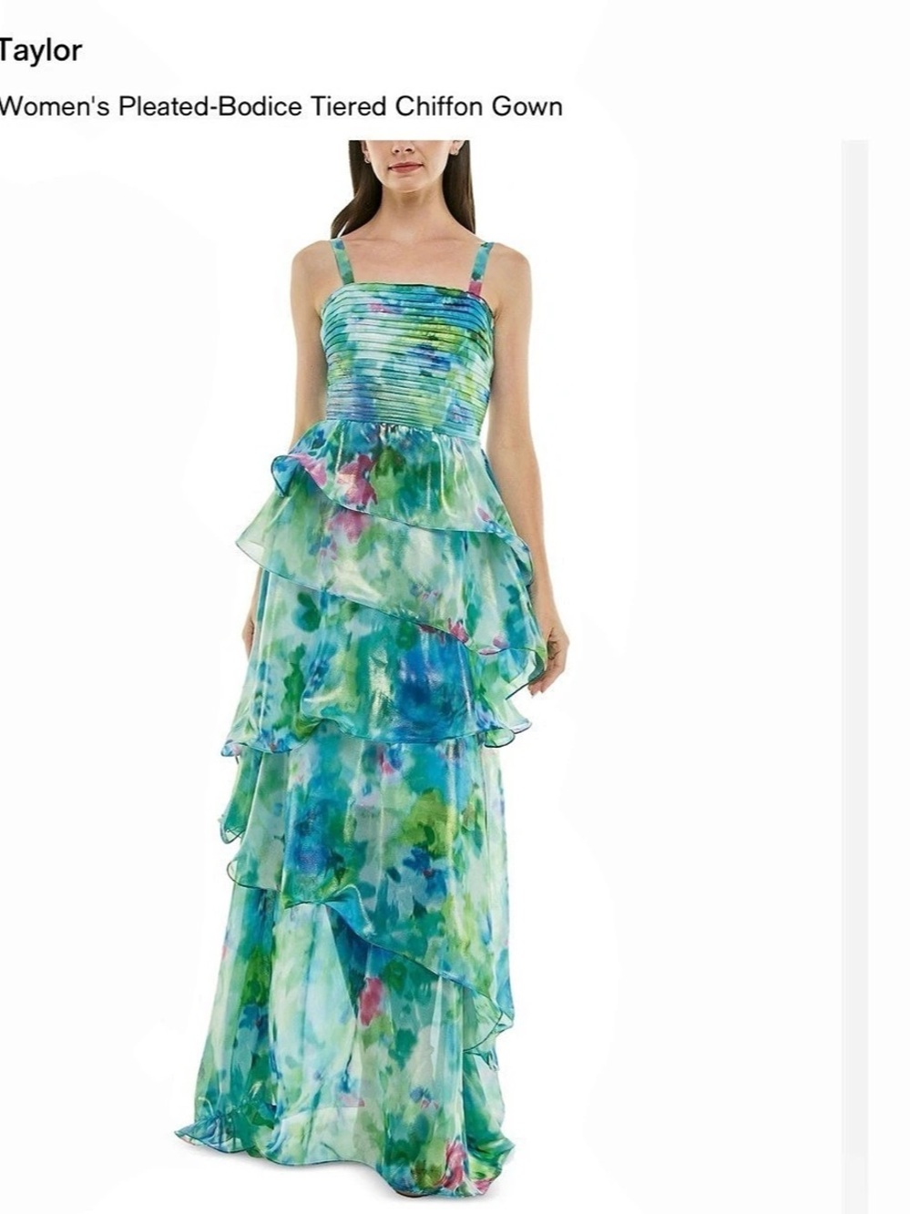 Taylor Pleated-Bodice Tiered Chiffon Gown in Green & Blue